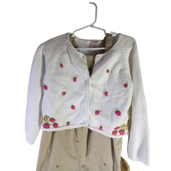 Gymboree Girls 3T White Cardigan Tan Overalls Strawberry Patch Set Embroidered - Picture 2 of 16